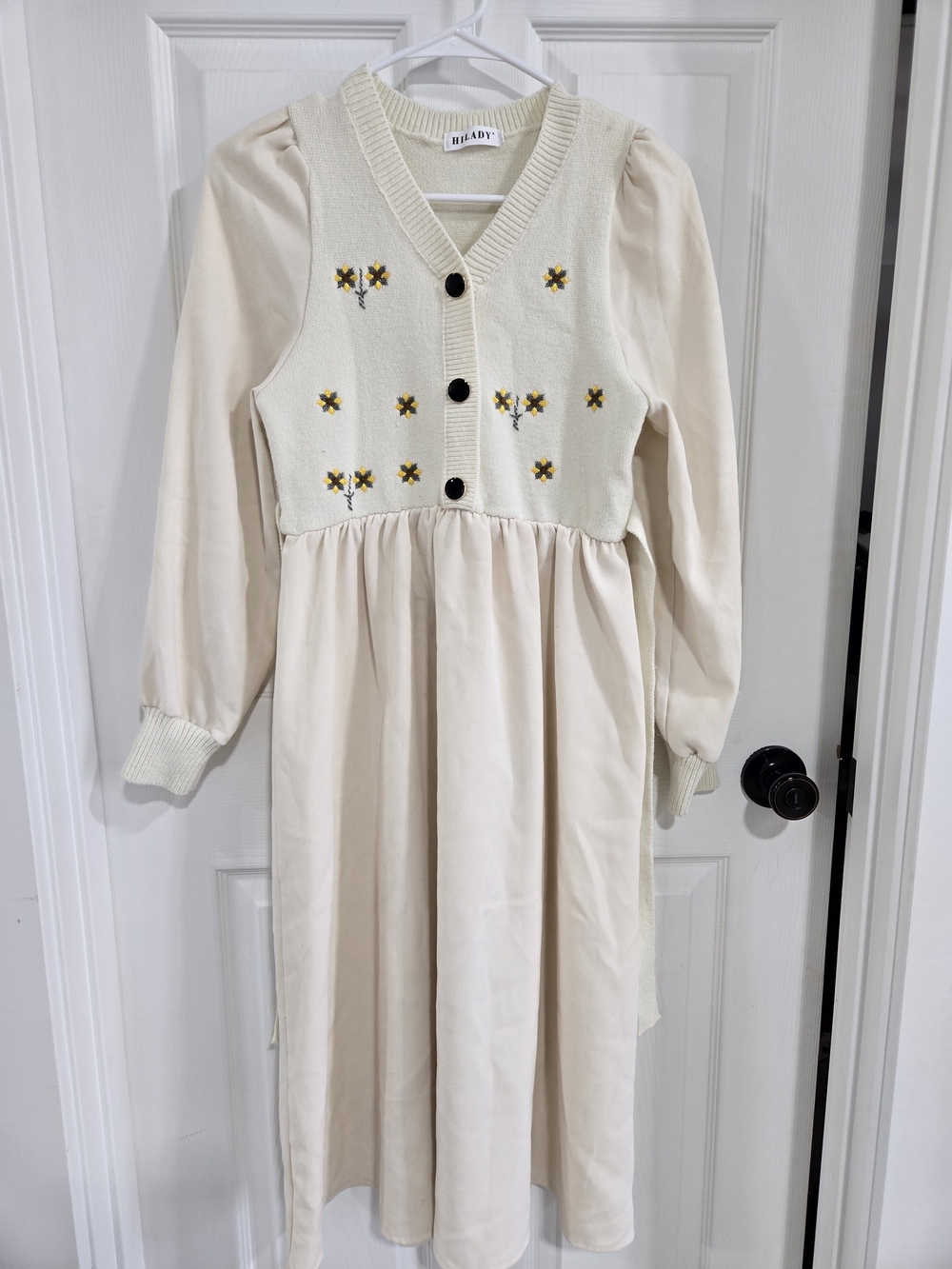 Women's HILADY Cream Floral Embroidered Sweater Dress Cottagecore Long Sleeve